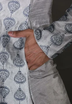 Embroidered Dupion Silk Dhoti Kurta in Grey