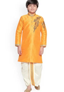 Embroidered Dupion Silk Dhoti Kurta in Orange