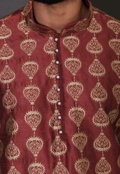 Embroidered Dupion Silk Dhoti Kurta in Maroon