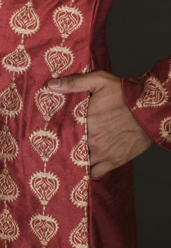 Embroidered Dupion Silk Dhoti Kurta in Maroon