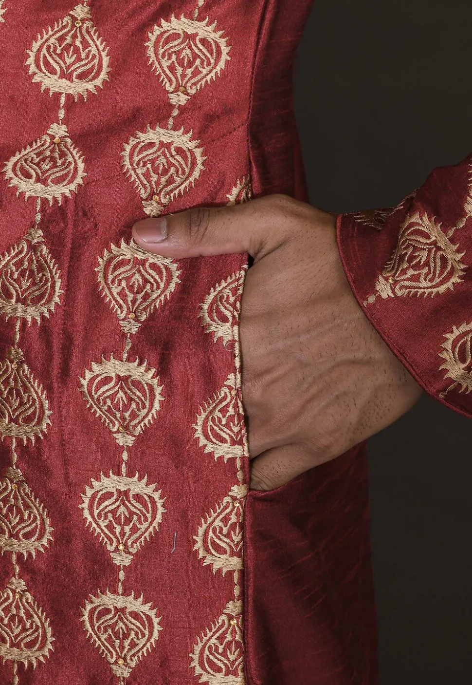 Embroidered Dupion Silk Dhoti Kurta in Maroon