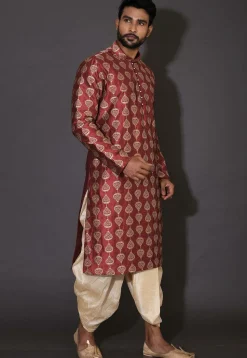 Embroidered Dupion Silk Dhoti Kurta in Maroon