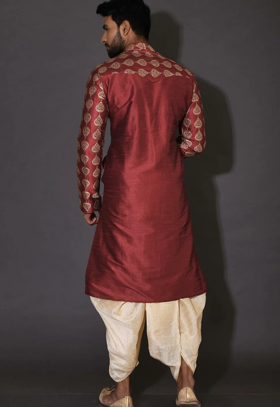 Embroidered Dupion Silk Dhoti Kurta in Maroon