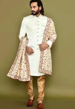 Embroidered Dupion Silk Dupatta in Beige