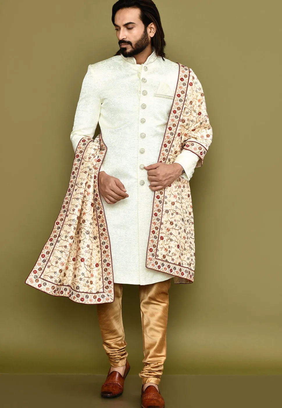 Embroidered Dupion Silk Dupatta in Beige