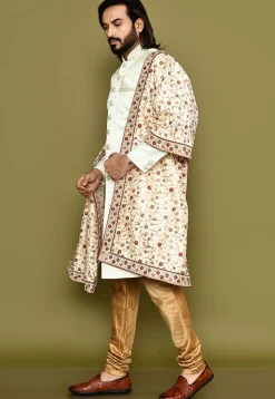 Embroidered Dupion Silk Dupatta in Beige