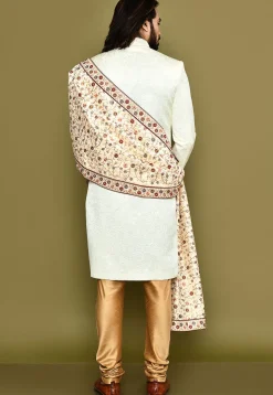 Embroidered Dupion Silk Dupatta in Beige