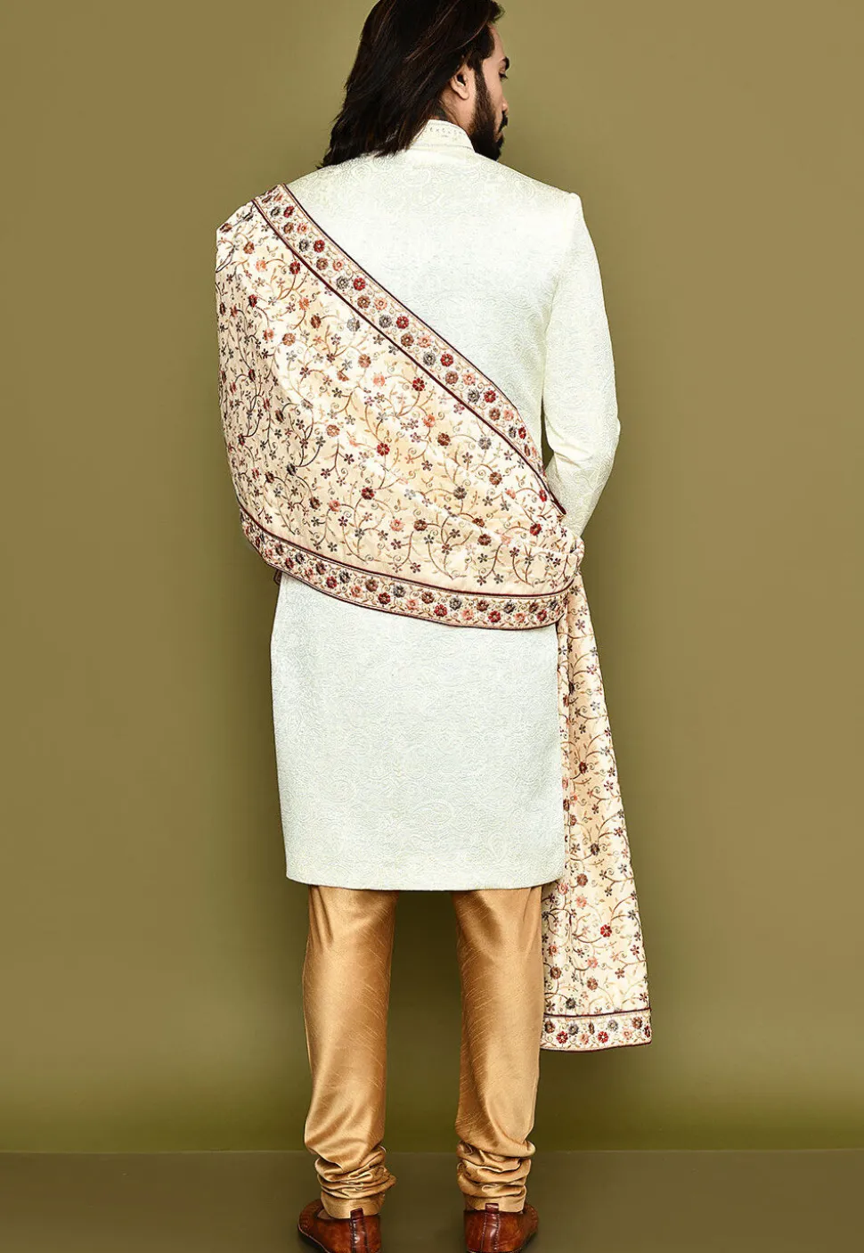 Embroidered Dupion Silk Dupatta in Beige