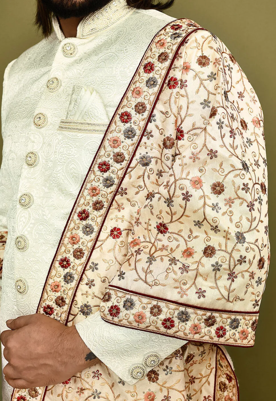 Embroidered Dupion Silk Dupatta in Beige