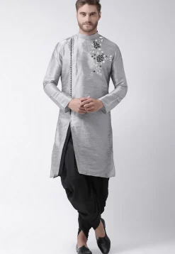 Embroidered Dupion Silk Dhoti Kurta in Grey