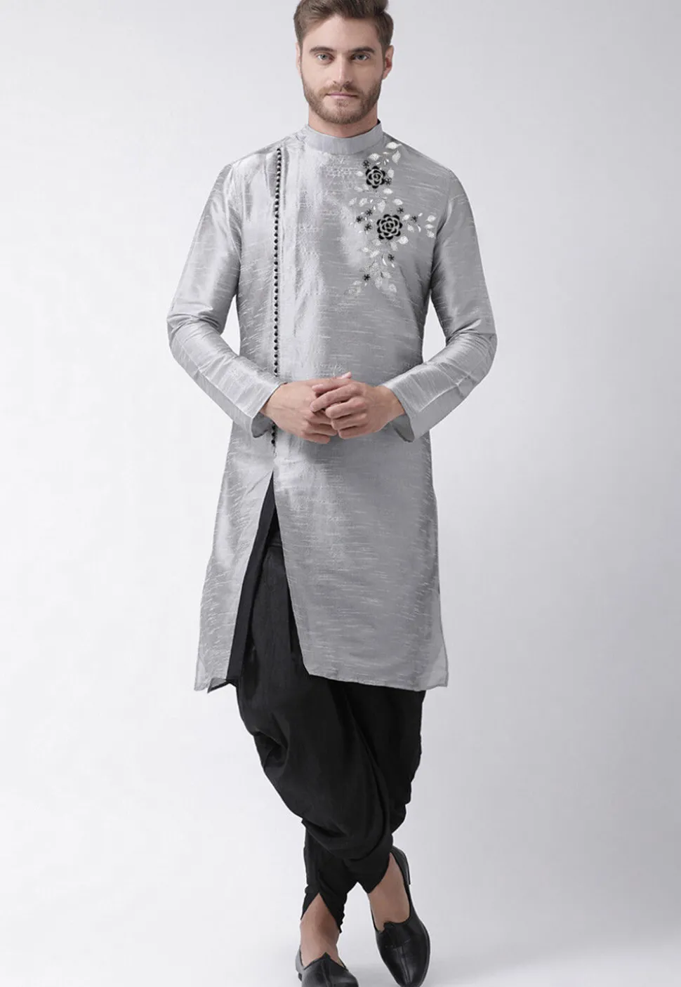 Embroidered Dupion Silk Dhoti Kurta in Grey