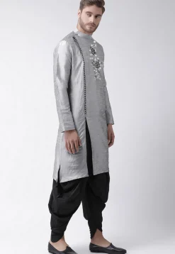 Embroidered Dupion Silk Dhoti Kurta in Grey