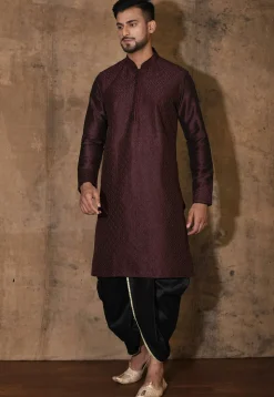 Embroidered Dupion Silk Dhoti Kurta in Wine