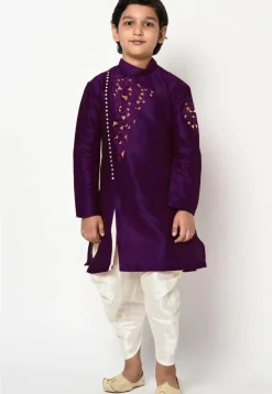 Embroidered Dupion Silk Dhoti Kurta in Voilet