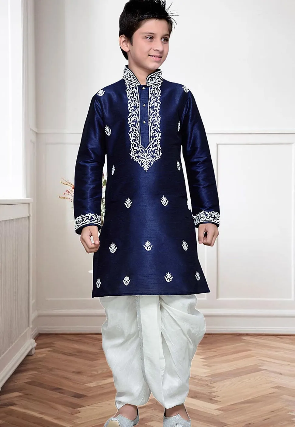 Embroidered Dupion Silk Dhoti Kurta in Navy Blue