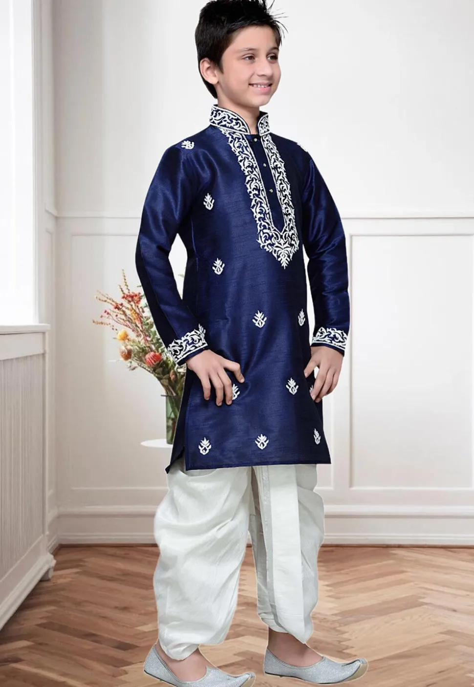 Embroidered Dupion Silk Dhoti Kurta in Navy Blue