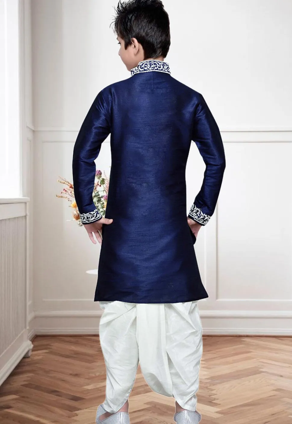 Embroidered Dupion Silk Dhoti Kurta in Navy Blue