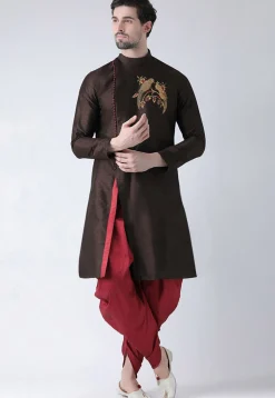 Embroidered Dupion Silk Dhoti Kurta in Dark Brown