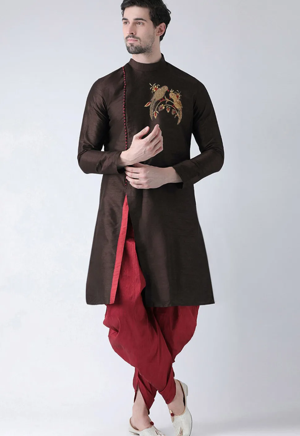 Embroidered Dupion Silk Dhoti Kurta in Dark Brown