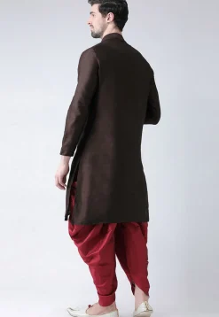Embroidered Dupion Silk Dhoti Kurta in Dark Brown