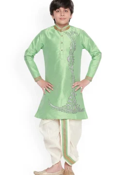 Embroidered Dupion Silk Dhoti Kurta in Light Green