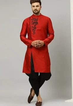 Embroidered Dupion Silk Dhoti Kurta in Red