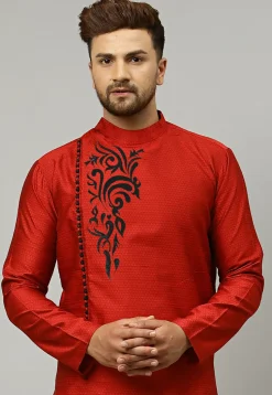 Embroidered Dupion Silk Dhoti Kurta in Red