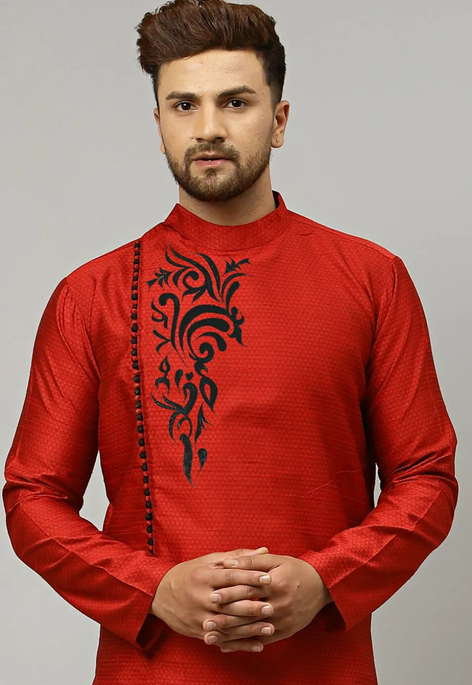Embroidered Dupion Silk Dhoti Kurta in Red