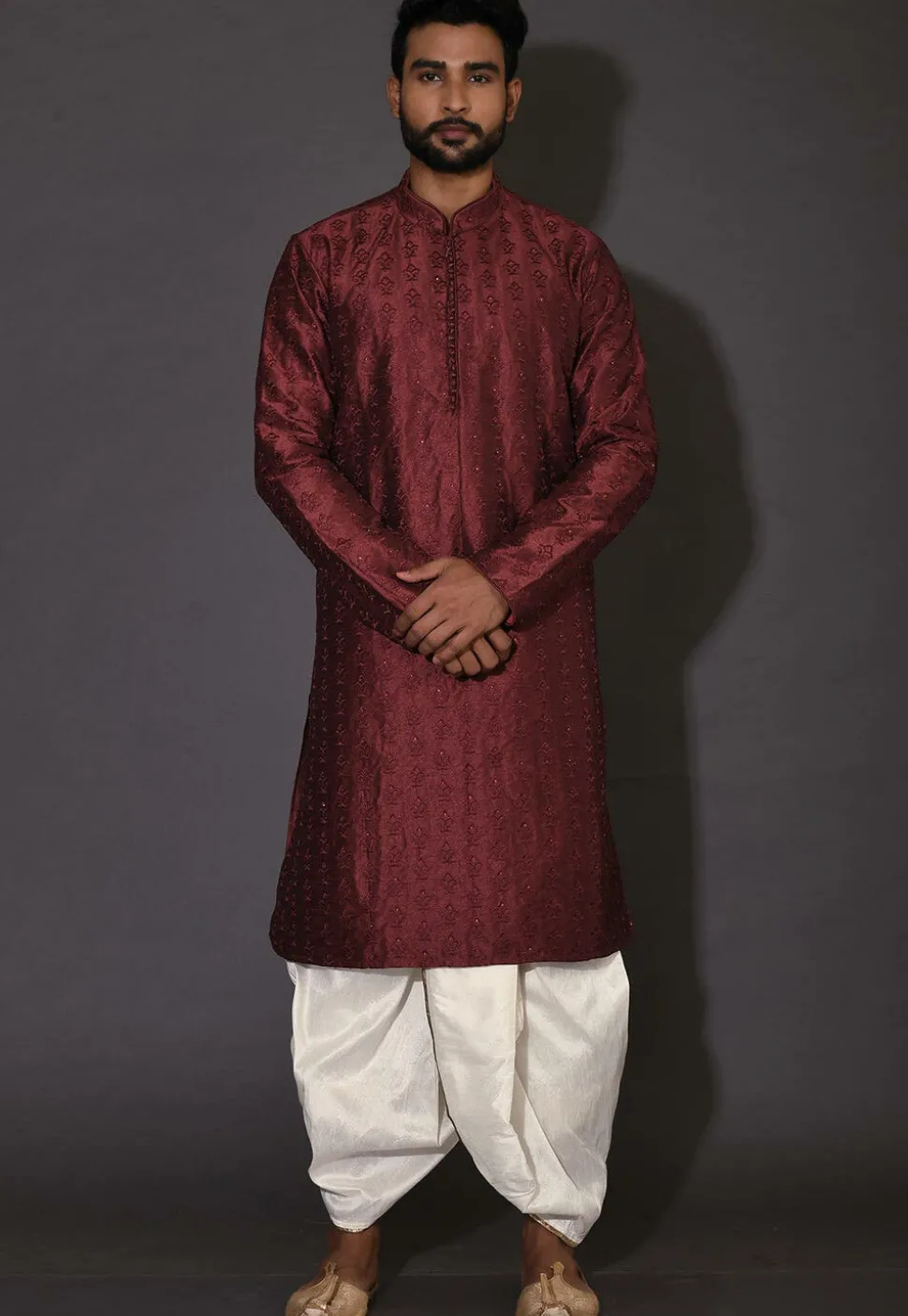 Embroidered Dupion Silk Dhoti Kurta in Maroon