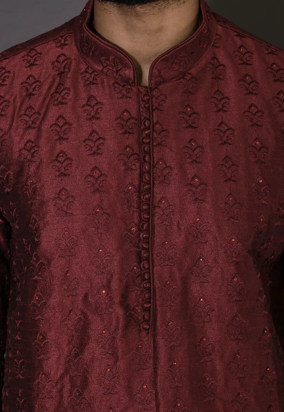 Embroidered Dupion Silk Dhoti Kurta in Maroon