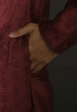 Embroidered Dupion Silk Dhoti Kurta in Maroon