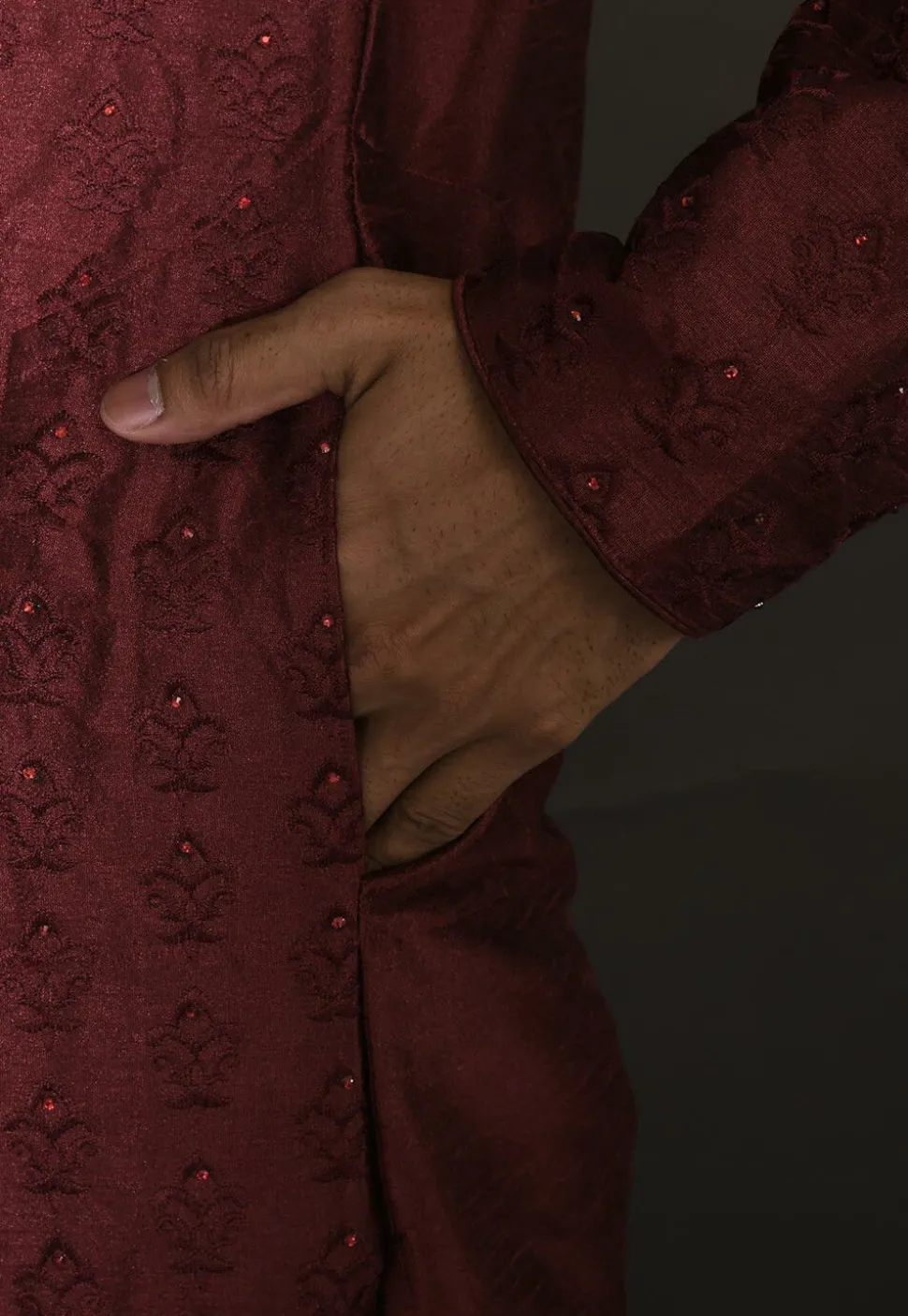 Embroidered Dupion Silk Dhoti Kurta in Maroon