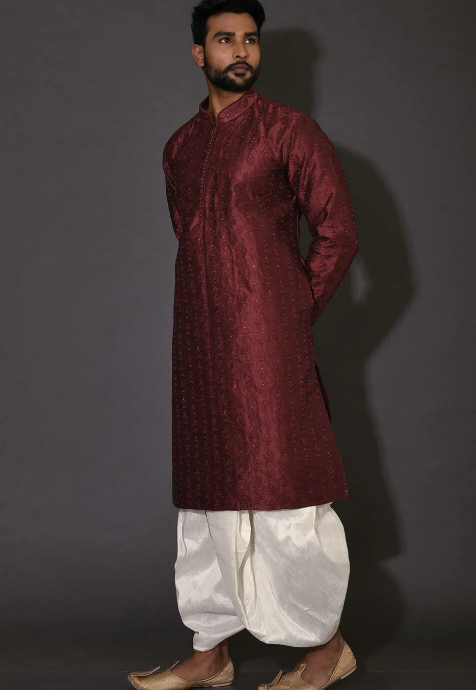 Embroidered Dupion Silk Dhoti Kurta in Maroon