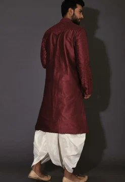 Embroidered Dupion Silk Dhoti Kurta in Maroon
