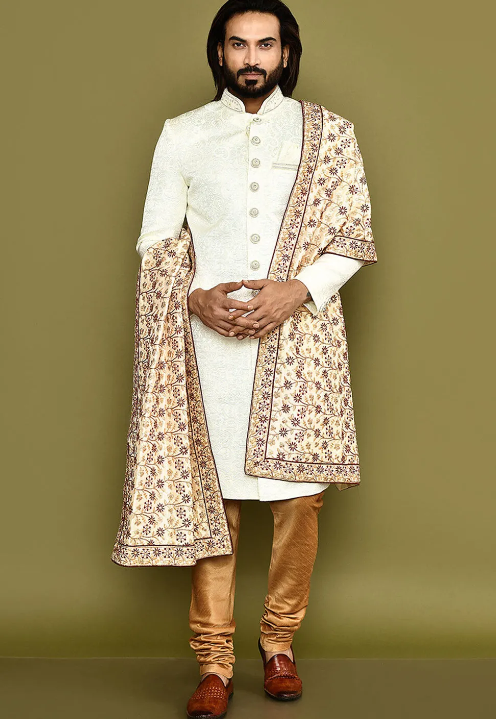 Embroidered Dupion Silk Dupatta in Beige