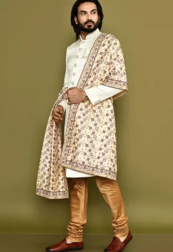 Embroidered Dupion Silk Dupatta in Beige