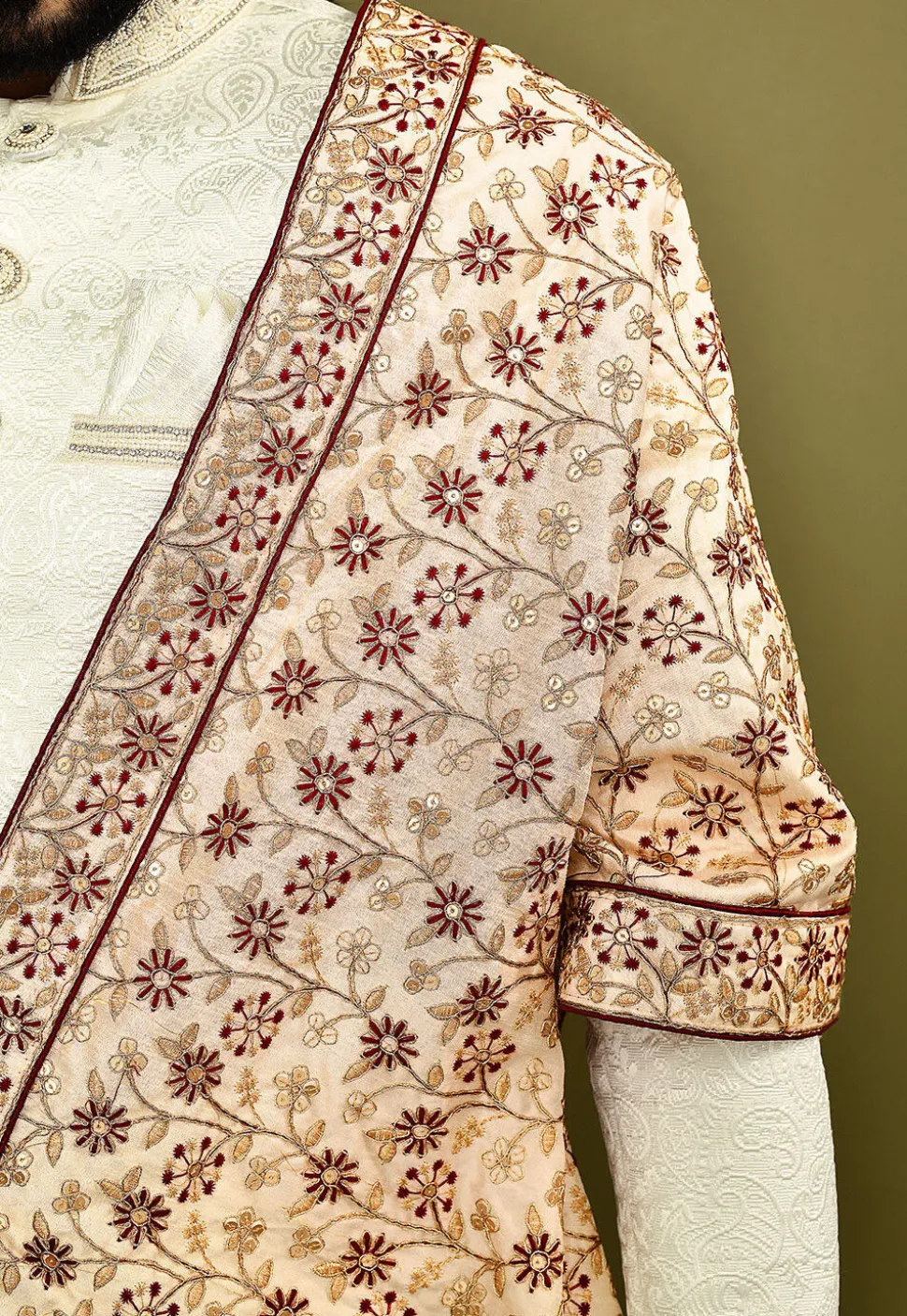 Embroidered Dupion Silk Dupatta in Beige