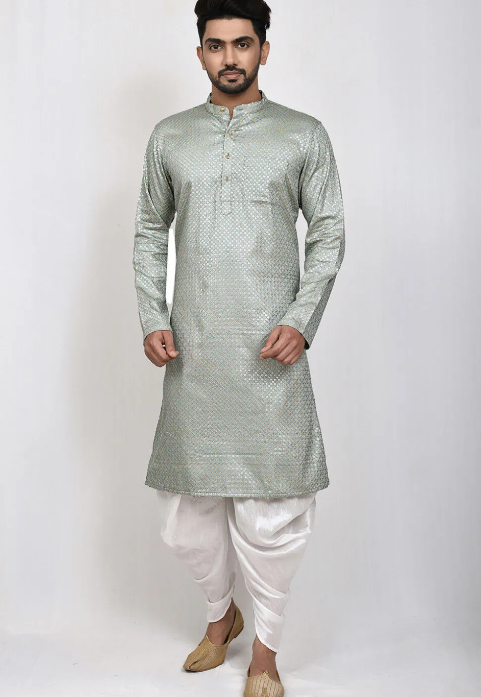 Embroidered Dupion Silk Dhoti Kurta in Grey