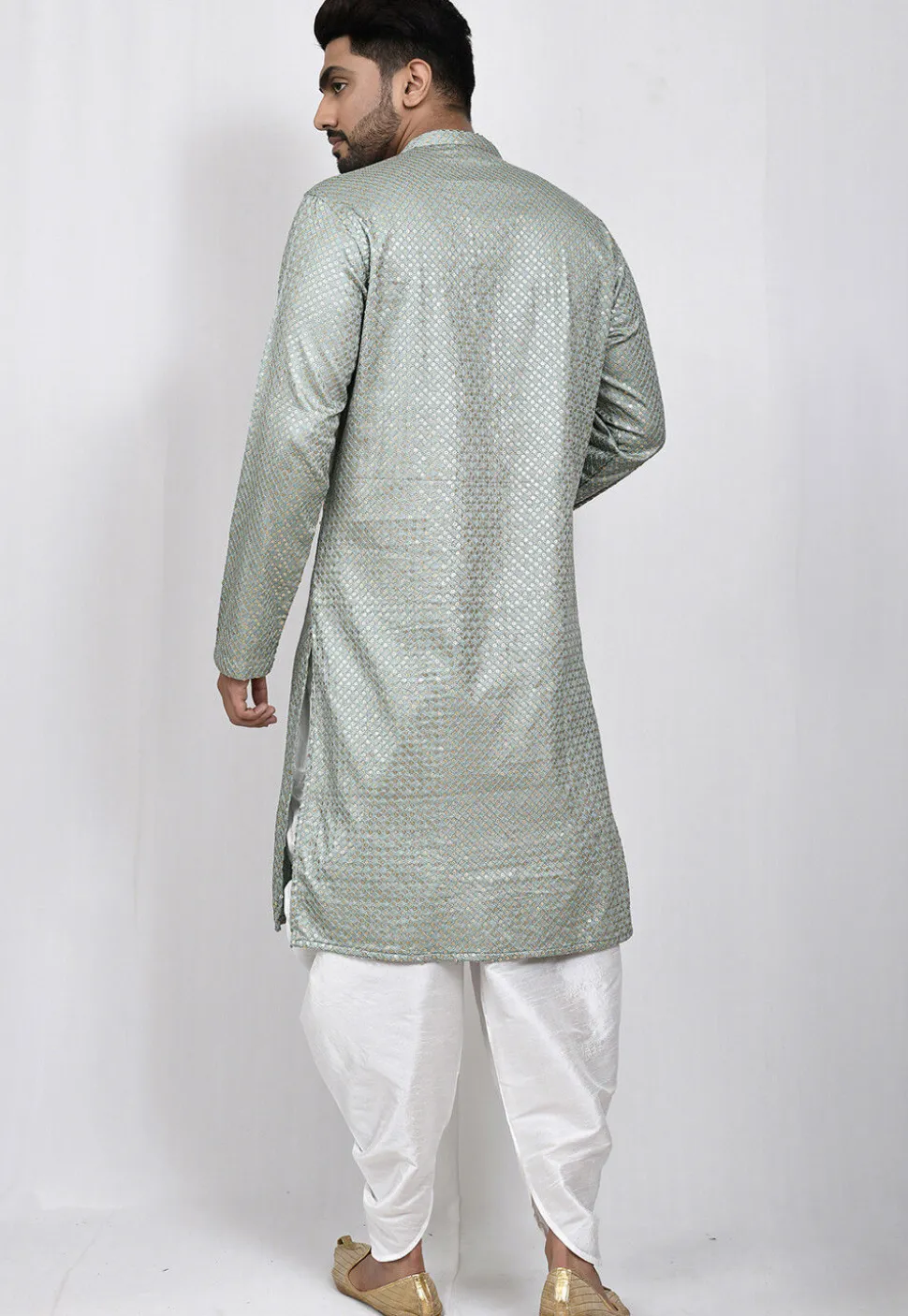 Embroidered Dupion Silk Dhoti Kurta in Grey
