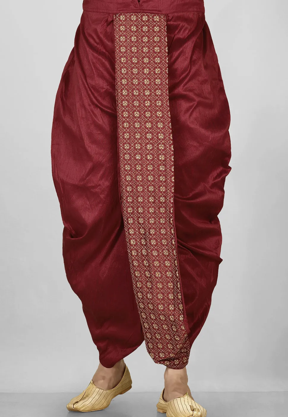 Embroidered Dupion Silk Dhoti in Maroon