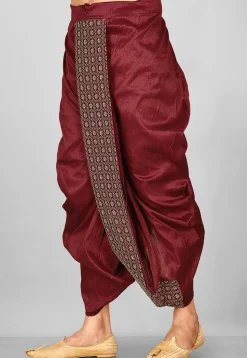 Embroidered Dupion Silk Dhoti in Maroon