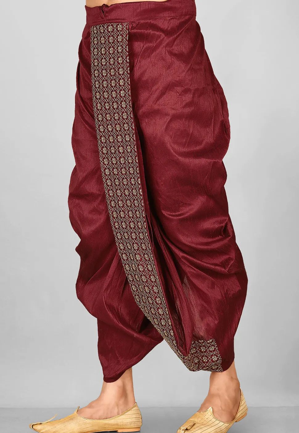 Embroidered Dupion Silk Dhoti in Maroon