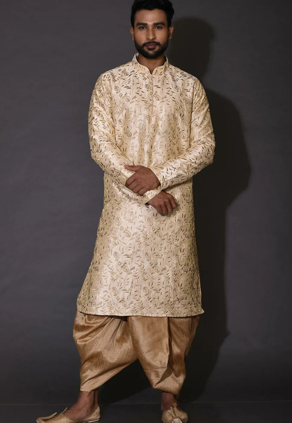 Embroidered Dupion Silk Dhoti Kurta in Beige