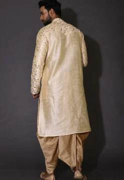 Embroidered Dupion Silk Dhoti Kurta in Beige