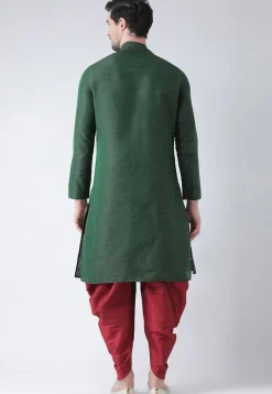 Embroidered Dupion Silk Dhoti Kurta in Dark Green