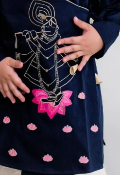 Embroidered Dupion Silk Dhoti Kurta in Navy Blue