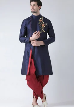 Embroidered Dupion Silk Dhoti Kurta in Navy Blue