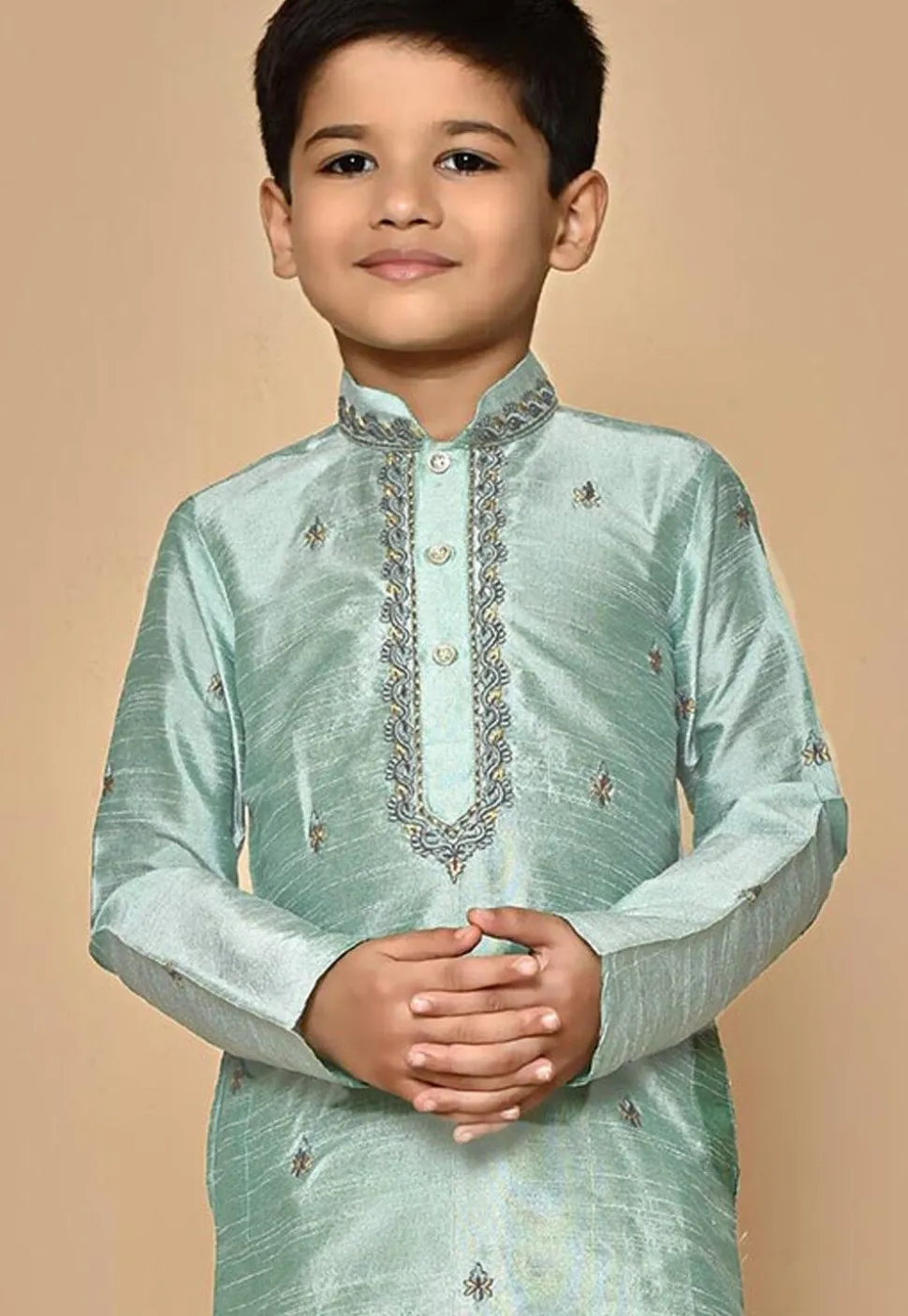 Embroidered Dupion Silk Dhoti Kurta in Sea Green