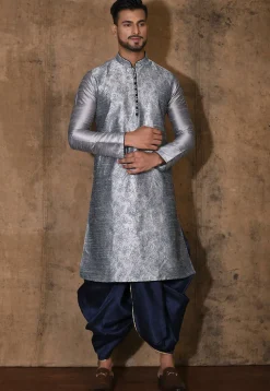 Embroidered Dupion Silk Dhoti Kurta in Grey