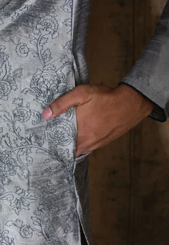 Embroidered Dupion Silk Dhoti Kurta in Grey
